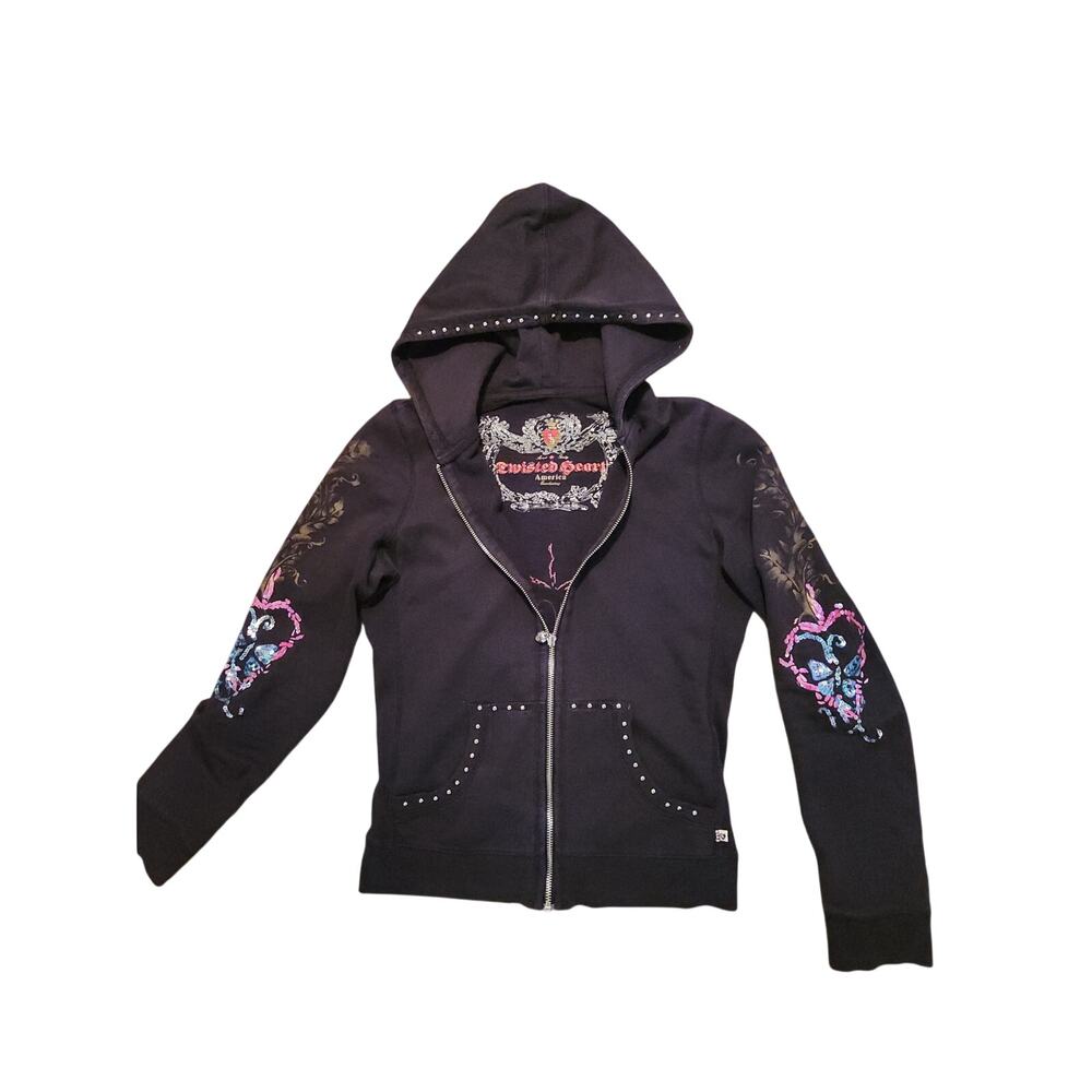 Twisted Heart Womens Black Zip Hoodie Studded Rhinestone Butterfly Skull Y2K